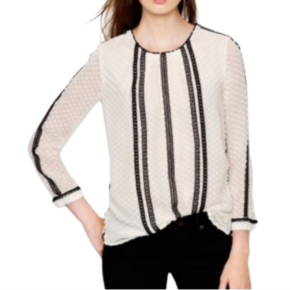 J. Crew Black lace-trim Swiss dot Silk Blend long sleeve Cream Blouse Size 2